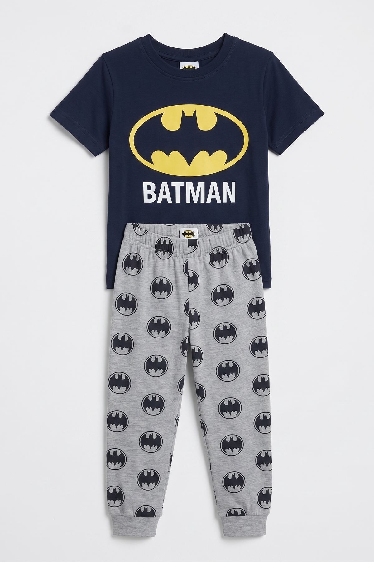 Navy T-shirt with yellow Batman logo and gray Batman-print joggers set
