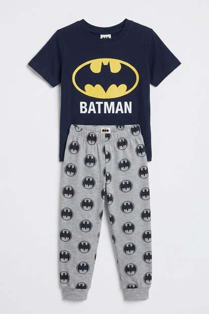 Navy T-shirt with yellow Batman logo and gray Batman-print joggers set