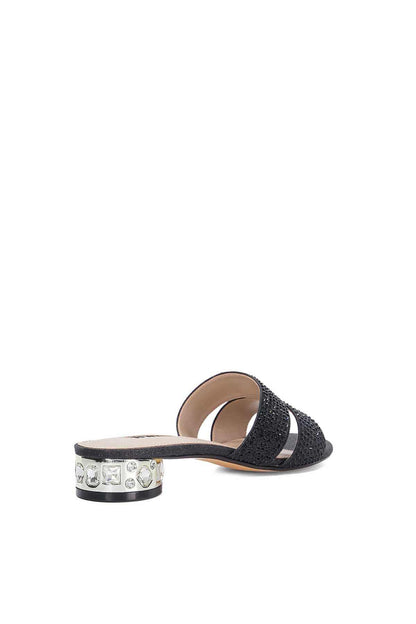 Black slide sandal with cross strap and jeweled block heel, open toe