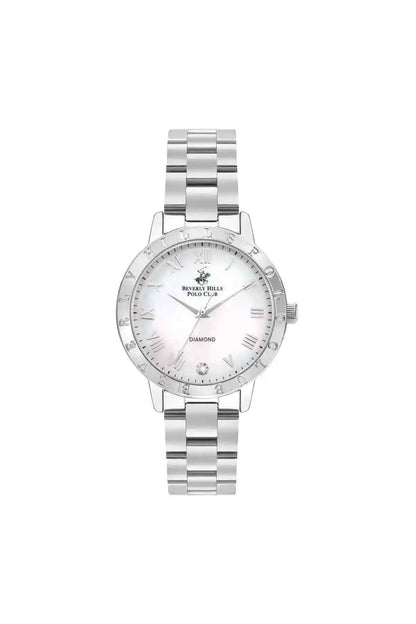 Steel wristwatch with white dial, round bezel, and metal link bracelet