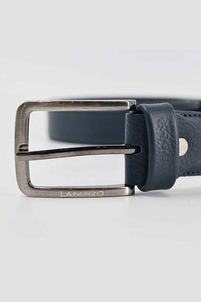 Dark blue leather belt buckle with brushed silver frame