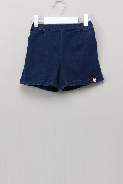 Navy denim baby shorts with front pockets and small logo button detail