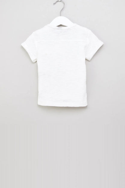 White short-sleeve knit polo shirt with collar, on hanger