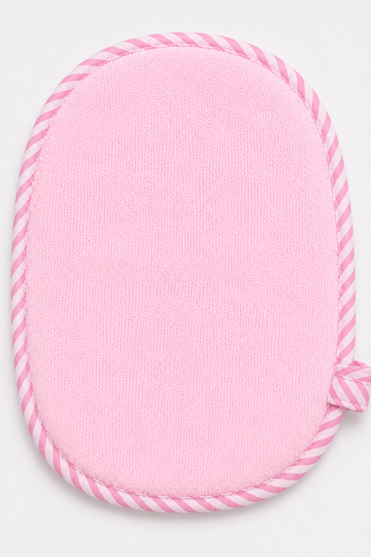 Pink hooded baby towel with rounded oval back and striped edging