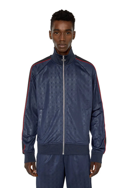 Diesel blue track jacket with full zipper, stand collar, red side stripes