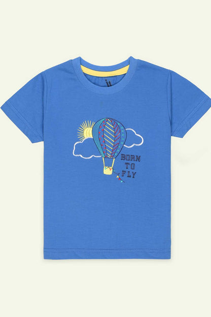 Blue kids crew-neck T-shirt with yellow collar trim and hot air balloon graphic