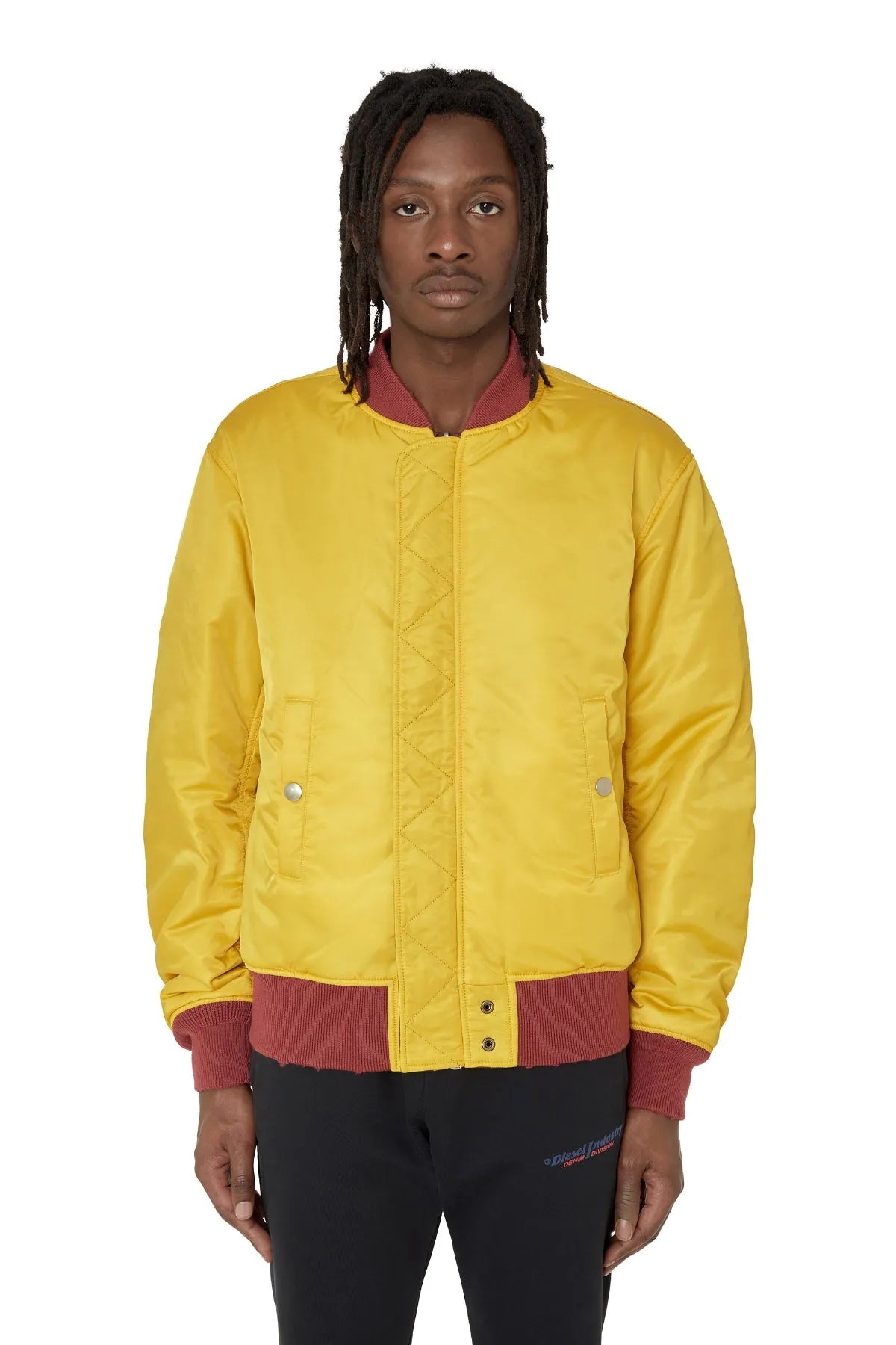 Yellow satin bomber jacket with front zipper, ribbed cuffs, and dark waistband trim