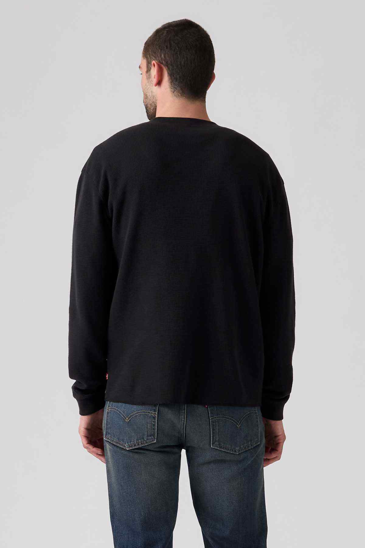 Black long-sleeve henley shirt, back view