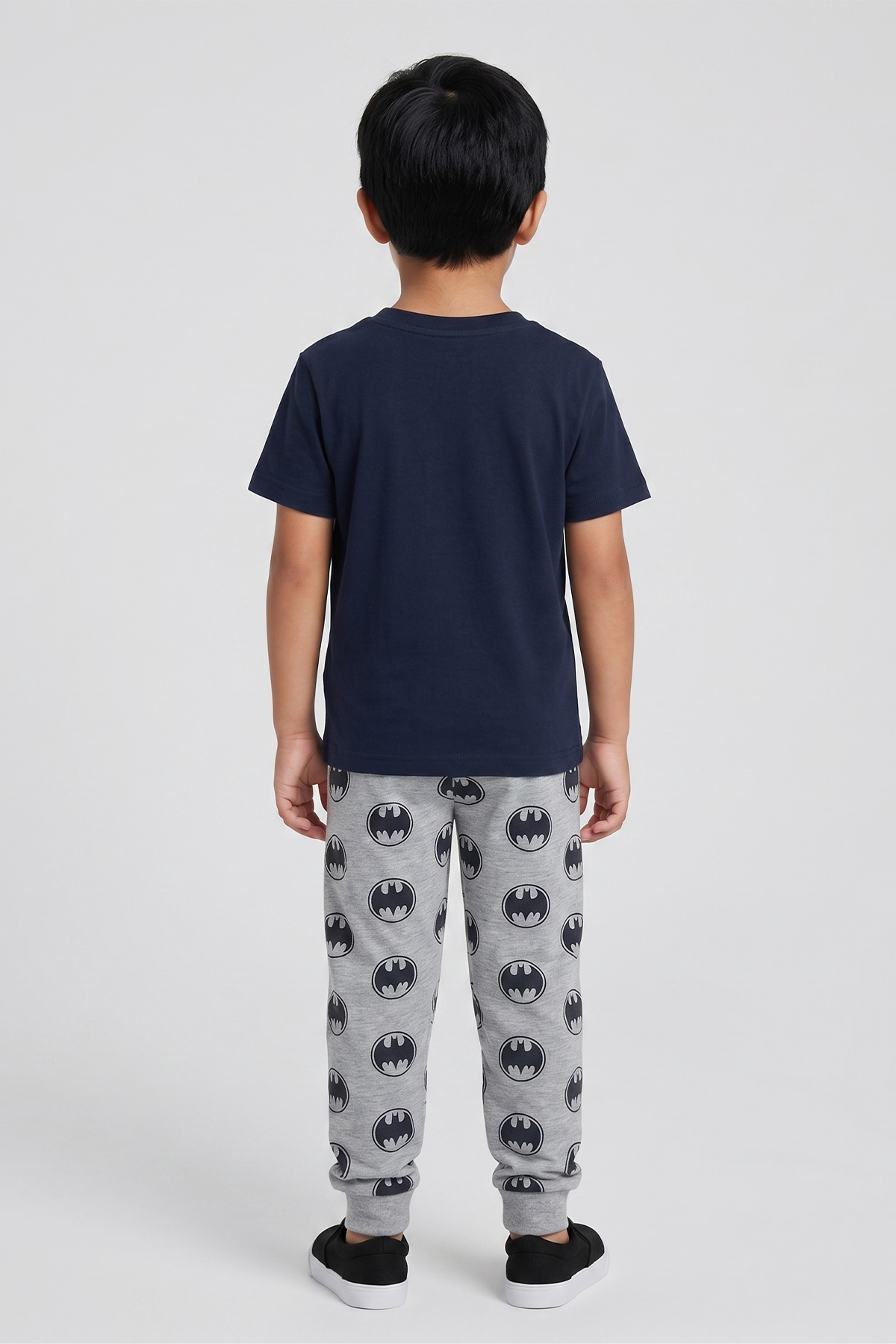 Navy T-shirt and gray Batman logo jogger pants set, back view