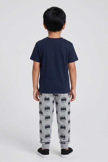 Navy T-shirt and gray Batman logo jogger pants set, back view