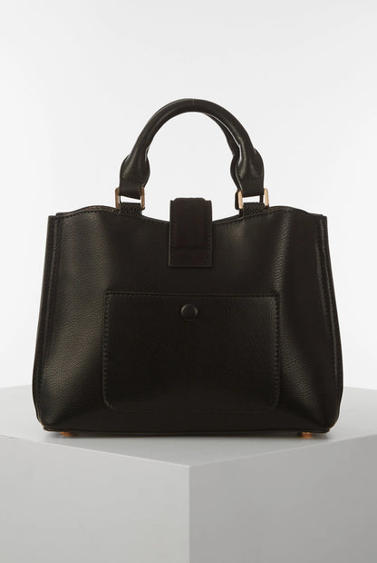 Black structured handbag with top handles, front button pocket, and clasp detail