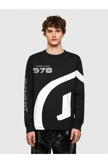 Black long-sleeve shirt with large white curved graphic and 978 print