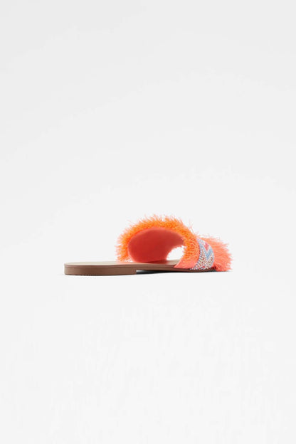 ALDO orange fringe slide sandal with beaded blue top band and coral insole