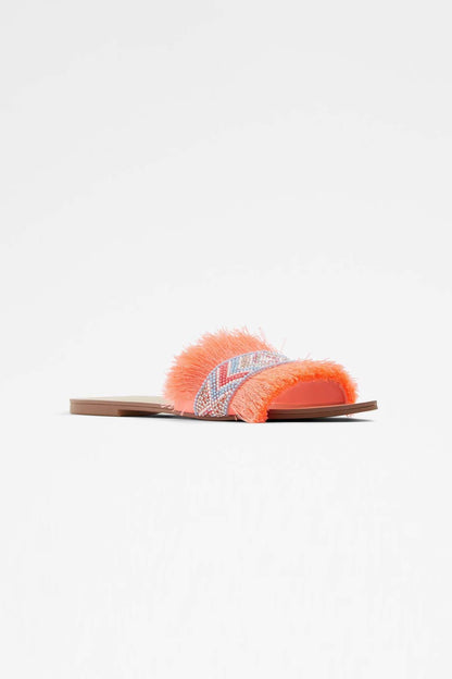ALDO coral-orange fringe slide sandal with beaded blue strap, brown outsole