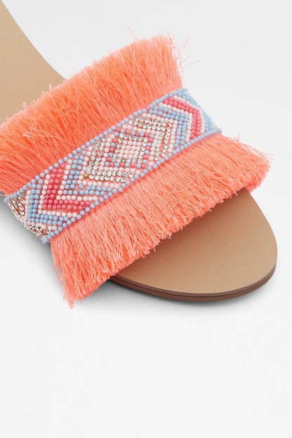 ALDO pink/orange fringe slide sandal with beaded blue strap and brown sole