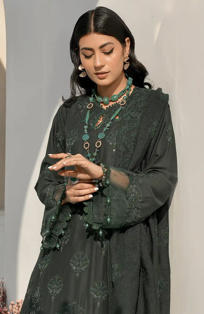 Bottle green embroidered kurta with layered neckline, long sleeves, close-up front view