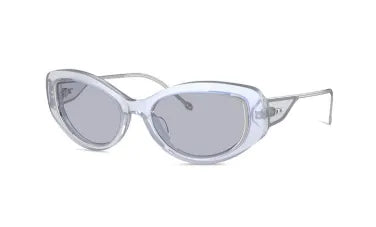 Diesel light blue oval sunglasses, angled front view with curved metal temples