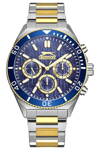 SLAZENGER blue dial chronograph watch with silver bracelet and gold bezel accents