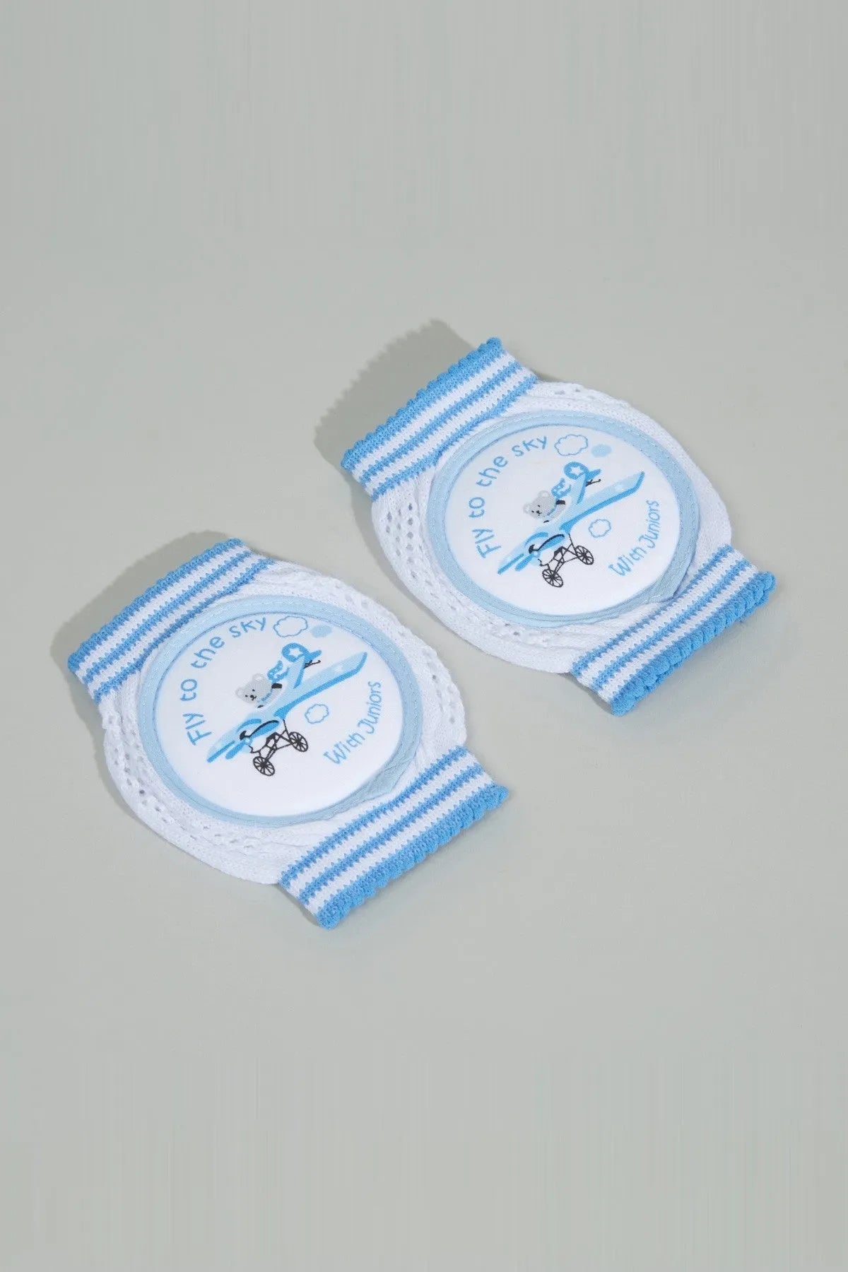 Pair of blue-and-white striped baby booties with airplane graphic and lace trim