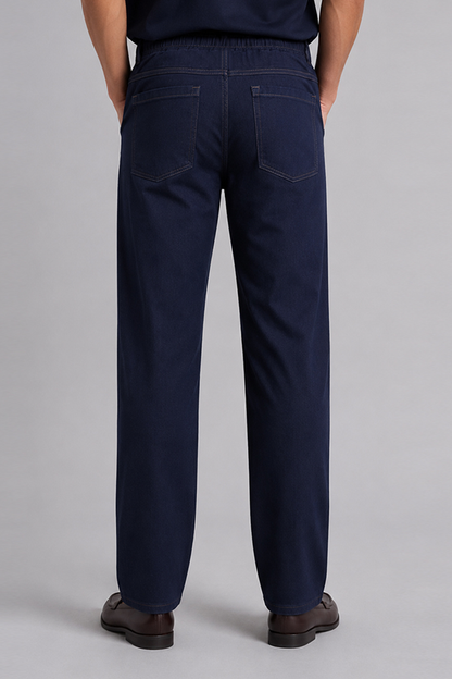 Navy blue straight-leg trousers with front patch pockets and stitched seams