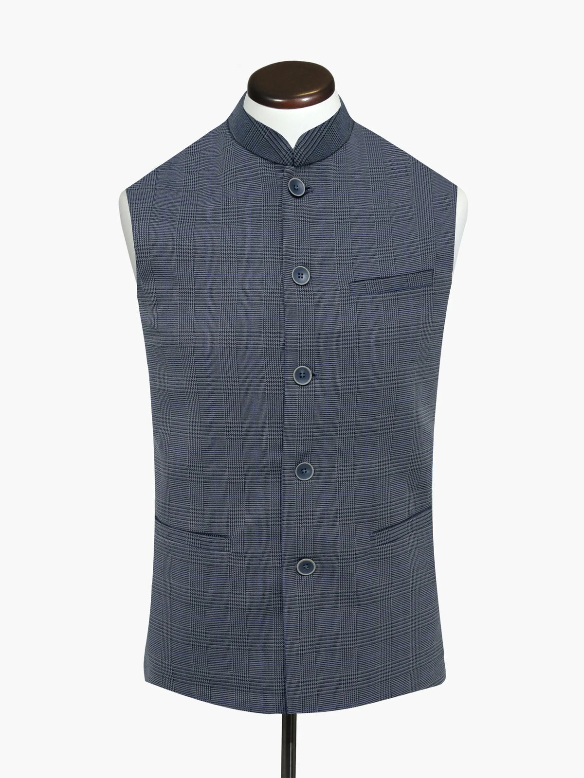 Grey checkered sleeveless waistcoat vest with stand collar and button front