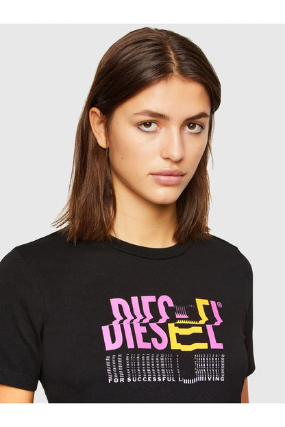 Black crewneck T-shirt with pink and yellow logo graphic close-up