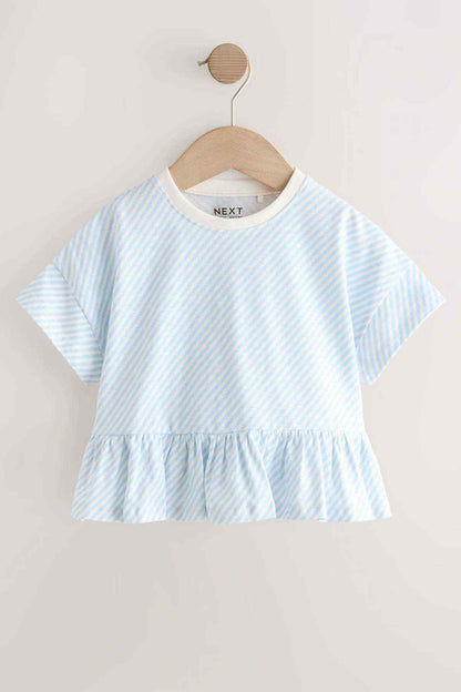 Kids' light blue striped peplum T-shirt with gathered hem