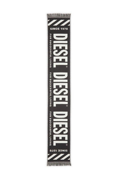 Diesel black scarf with large white text print and fringed border