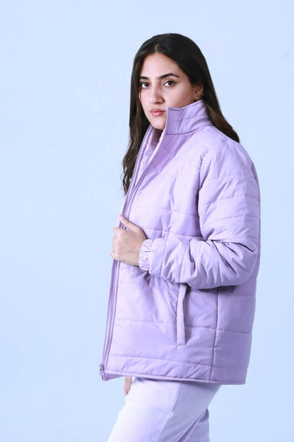 Lavender quilted jacket close-up side view with high collar and full front zipper
