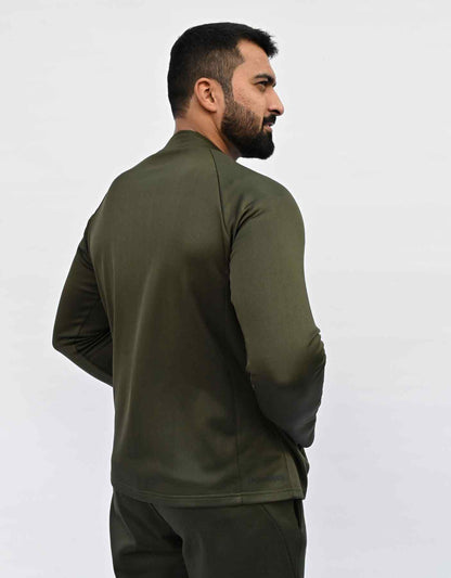 Bodybrics men's olive zip-up jacket and matching pants set, back view from left side