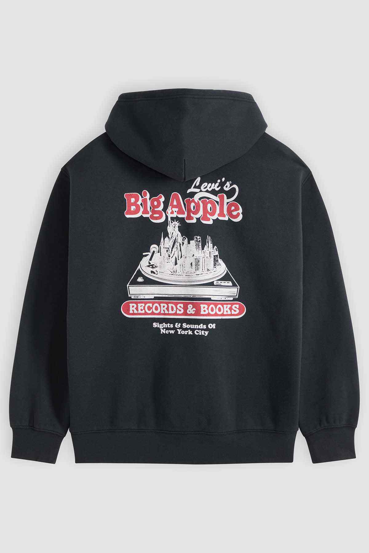 Black Levi's hoodie with Big Apple Records & Books graphic on back