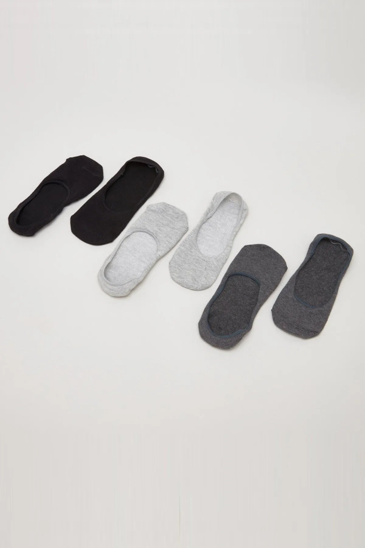 Baby no-show sock set in black, light gray, and dark gray