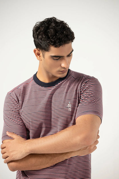 Men's striped crewneck T-shirt, maroon and navy, close-up with small chest logo