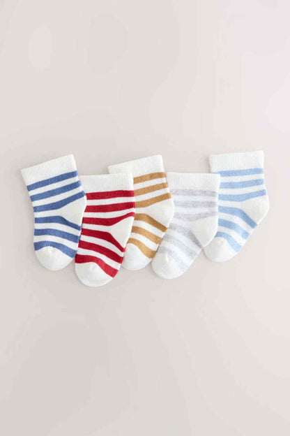 Ankle socks with striped pattern in blue, red, tan and white