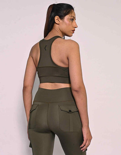 Bodybrics olive sports bra and leggings set, back racerback straps and side pockets