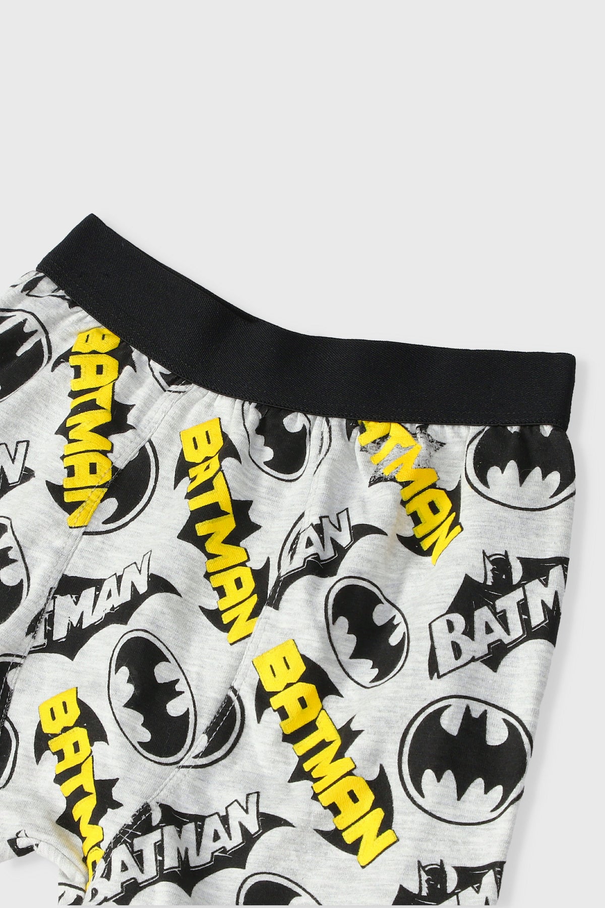 Boys' Batman logo print shorts, close-up of black waistband and adjustable eyelets
