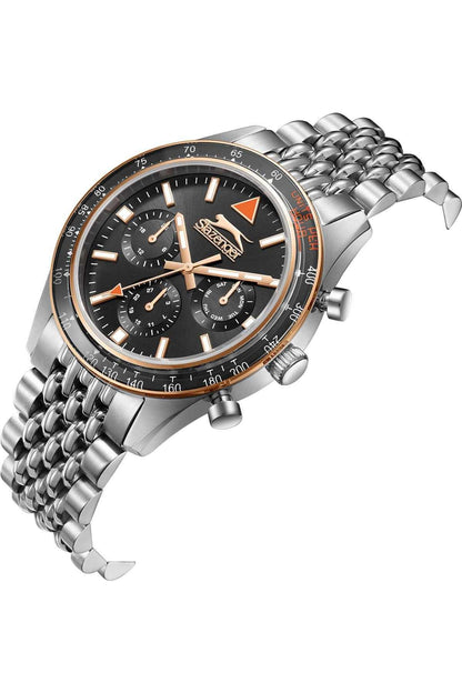 Silver wristwatch angled view, black dial with orange accents, metal link bracelet