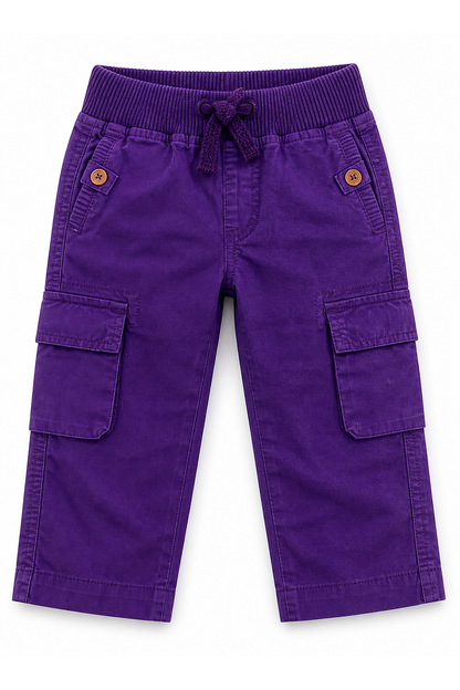 Purple cargo pants with elastic waistband, drawstring, and buttoned cargo pockets
