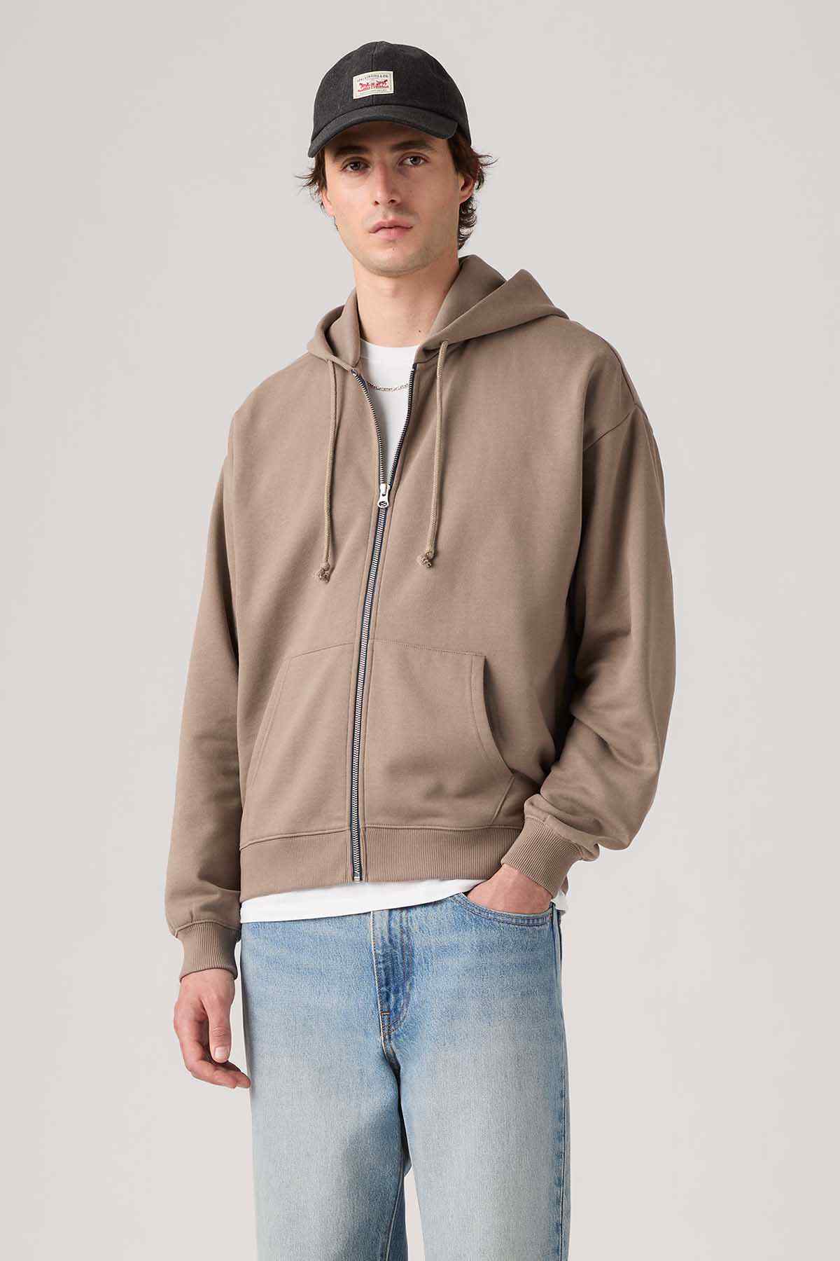 Levi's taupe zip-up hoodie with hood, drawstrings, front zipper, and kangaroo pocket