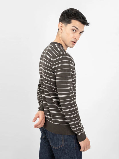 Brumano men's striped cotton crewneck sweater profile, long sleeves and ribbed hem