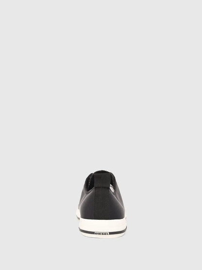 Black Diesel low-top sneakers from the back with white heel and sole