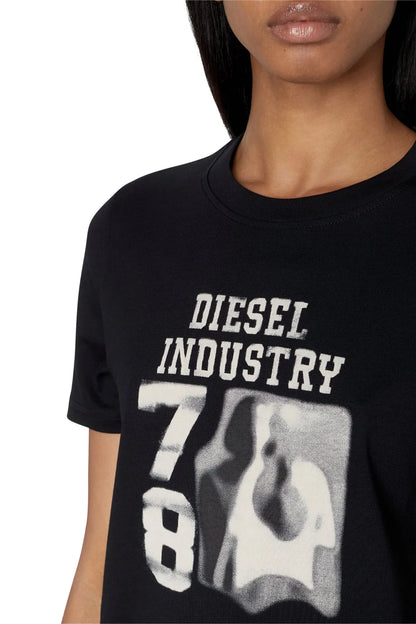 Close-up of the black T-shirt front graphic text and number print.