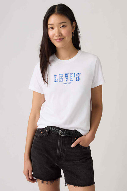 Levi's white crew-neck T-shirt with blue logo, worn with black denim shorts