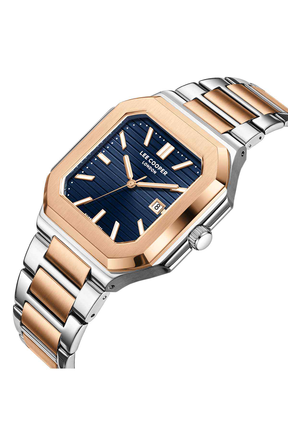Analog watch with navy face, rose gold bezel and silver link bracelet