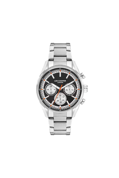 Silver metal wristwatch with black dial, chronograph subdials and red hands