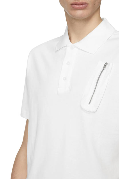 Diesel white polo shirt close-up with button placket and chest zipper pocket