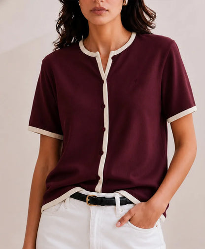 Burgundy fitted henley shirt with short sleeves, white contrast trim, button placket