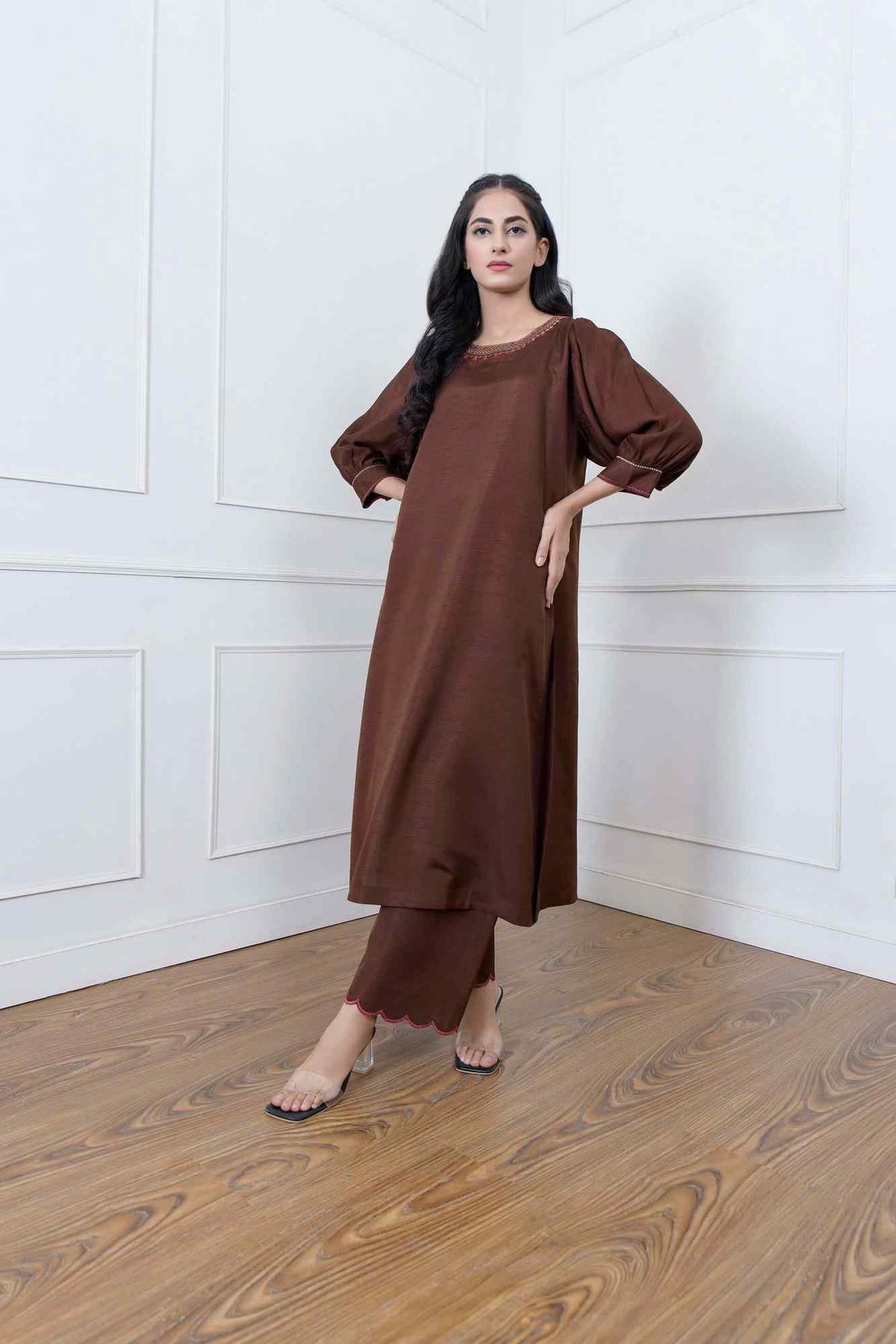 Velour brown long tunic dress with wide sleeves and decorative hem trim