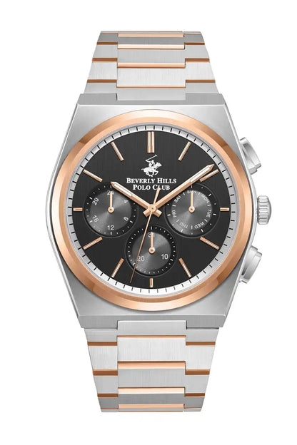 BHPC wristwatch with silver and rose gold case, black dial, and chronograph subdials