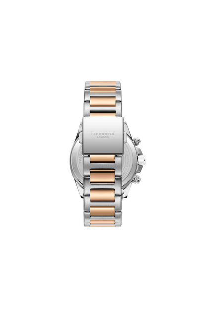 Silver wristwatch with rose-gold striped bracelet, side profile and crown